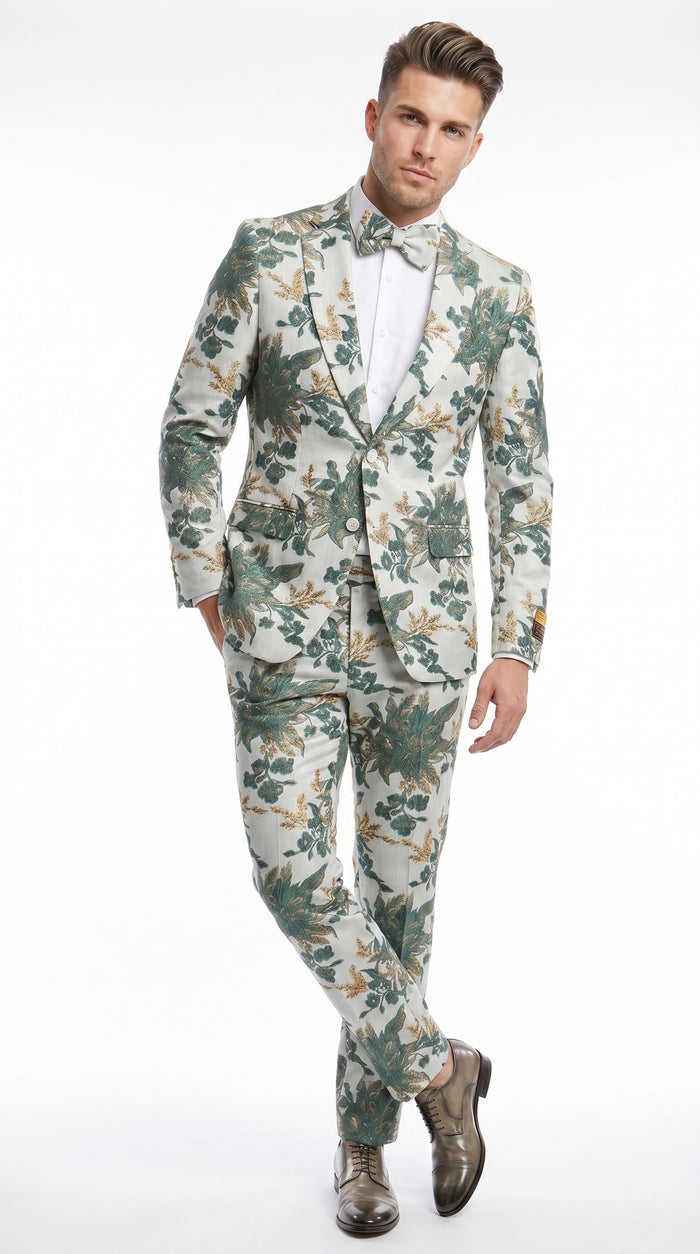 Men’s Green and Gold Floral Paisley Tuxedo Suit with Matching Bow Tie, Fancy Prom Wedding Formal Suit Set