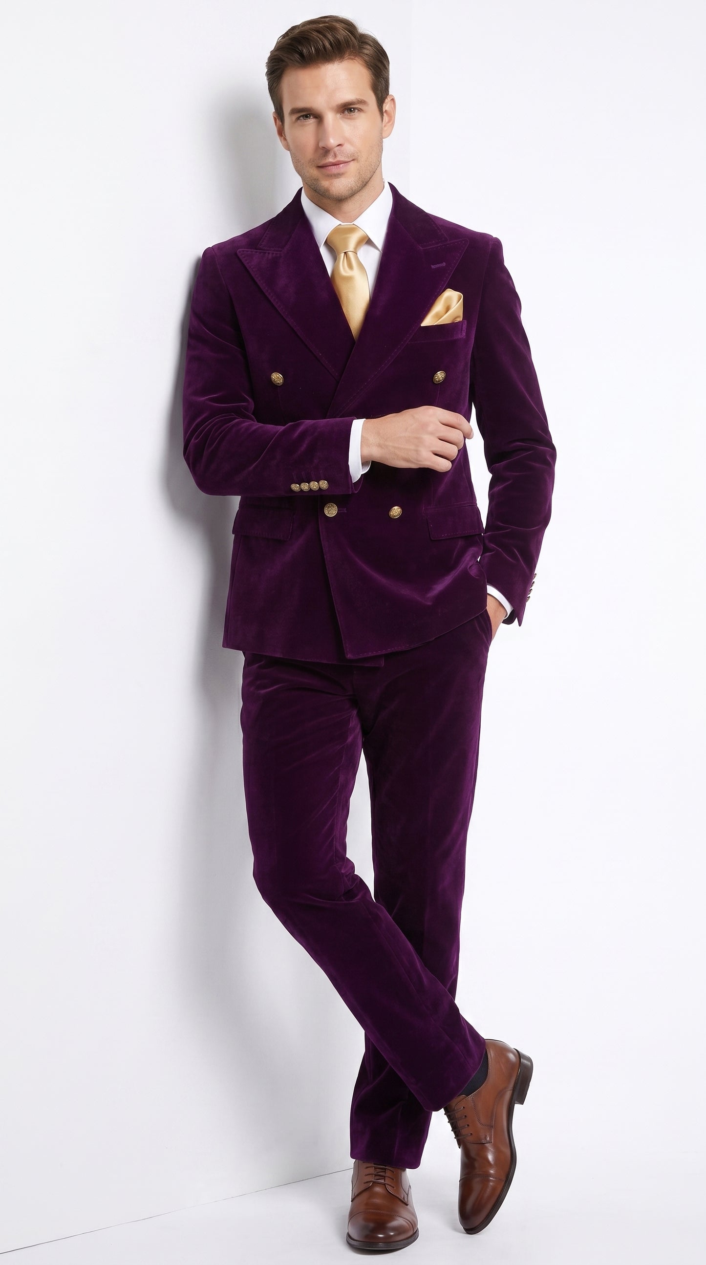 Men’s Rossi Man Zeus Purple Velvet Double Breasted Tuxedo Suit, Formal Wedding Prom Dinner Suit Set