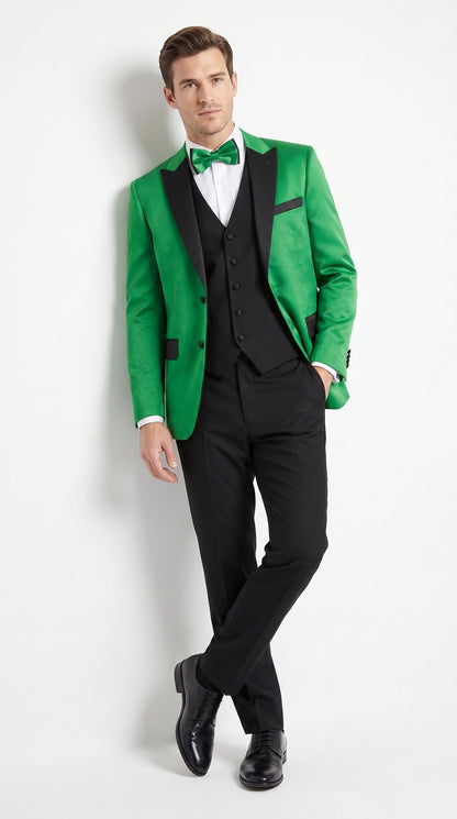 Men’s Emerald Green Tuxedo with Black Shawl Lapel, Black Vest and Pants – Formal 3 Piece Prom Wedding Suit