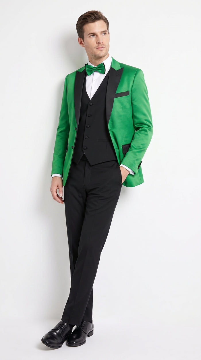 Men’s Emerald Green Tuxedo with Black Shawl Lapel, Black Vest and Pants – Formal 3 Piece Prom Wedding Suit