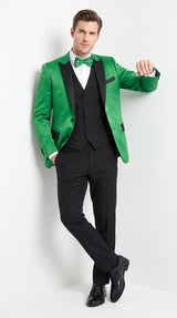 Men’s Emerald Green Tuxedo with Black Shawl Lapel, Black Vest and Pants – Formal 3 Piece Prom Wedding Suit