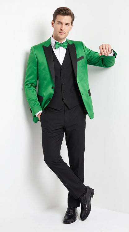 Men’s Emerald Green Tuxedo with Black Shawl Lapel, Black Vest and Pants – Formal 3 Piece Prom Wedding Suit