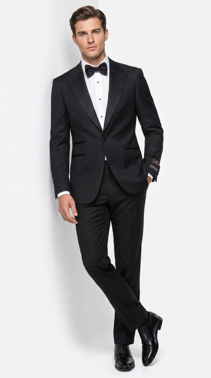 Tiglio Men’s Black Peak Lapel 2-Piece Suit – Classic Wedding, Business and Formal Suit