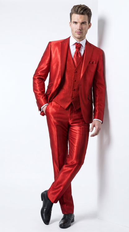 Men’s Red Shiny 3-Piece Suit – Satin Wedding, Prom, Party and Formal Suit with Vest