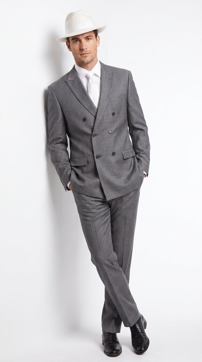 Men’s Grey 1920s Gangster Suit Package – Double-Breasted Suit with Untouchable Hat, Shirt and Tie Modern Fit