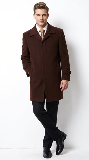 Men’s Brown Plush Microfiber Top Coat – Classic Full-Length Dress Coat for Business, Church and Formal Wear