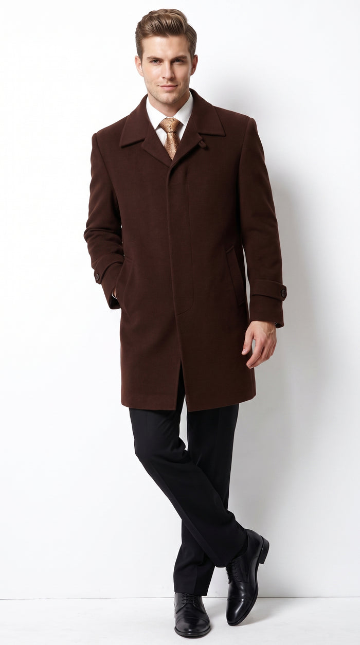 Men’s Brown Plush Microfiber Top Coat – Classic Full-Length Dress Coat for Business, Church and Formal Wear