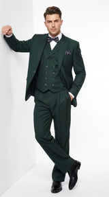 Men’s Hunter Green Big and Tall 3-Piece Wool Suit – Classic Fit Peak Lapel Suit with Double-Breasted Vest and Pleated Pants