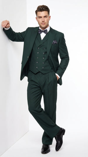 Men’s Hunter Green Big and Tall 3-Piece Wool Suit – Classic Fit Peak Lapel Suit with Double-Breasted Vest and Pleated Pants