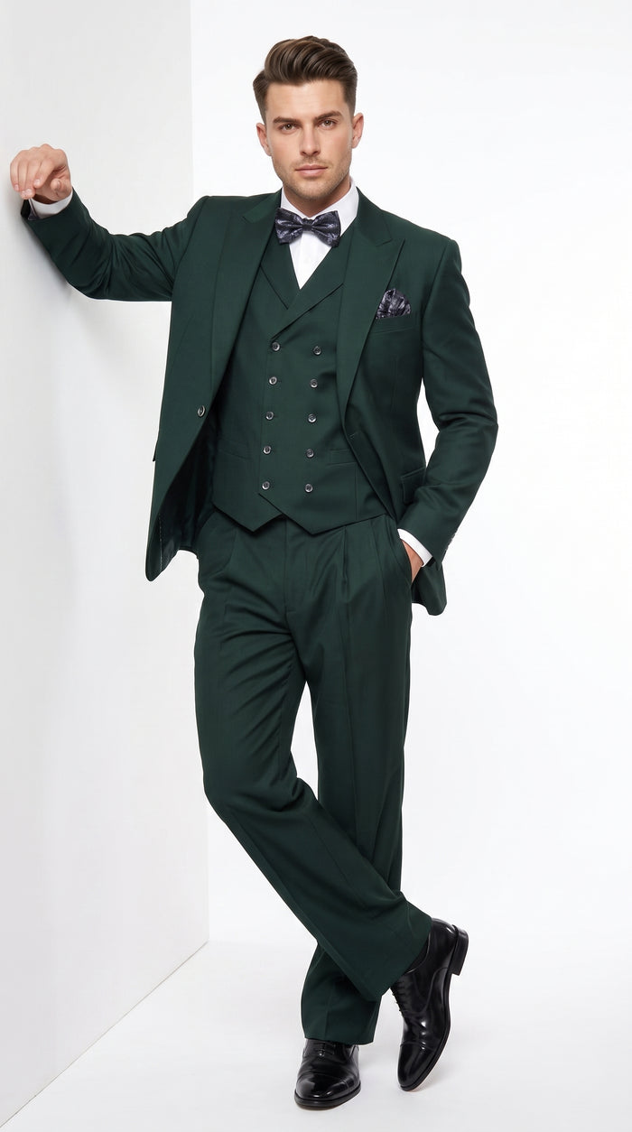 Men’s Hunter Green Big and Tall 3-Piece Wool Suit – Classic Fit Peak Lapel Suit with Double-Breasted Vest and Pleated Pants