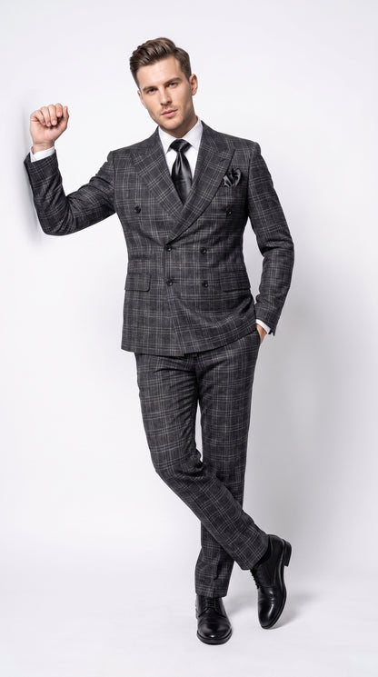 Rossi Man Men’s Charcoal Plaid Double-Breasted Suit – Windowpane Wedding, Business and Formal 2-Piece Suit  Modern Fit
