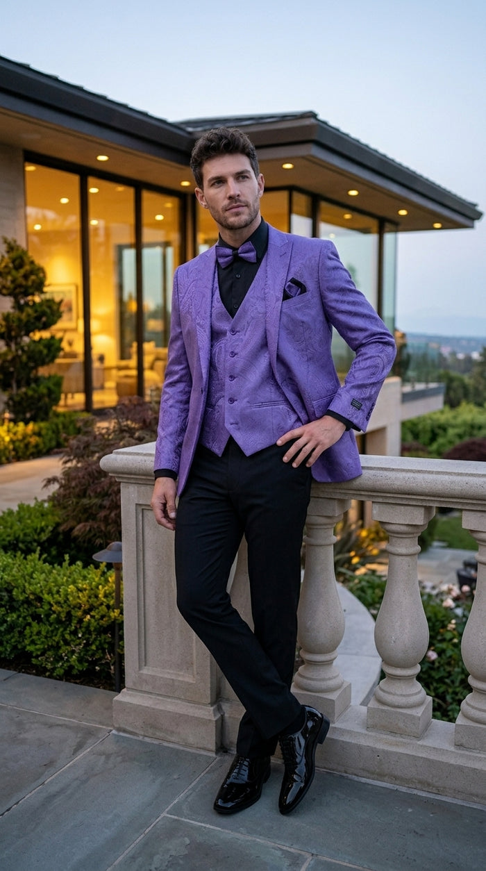 Men’s Purple Paisley Prom Tuxedo Suit, Wedding Floral Jacket with Matching Vest and Pants