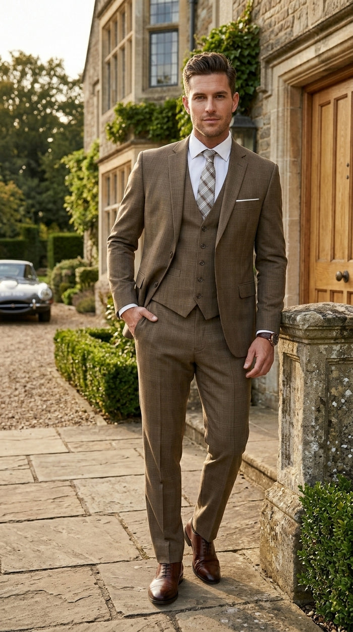 Men’s Taupe Tan Coffee Windowpane Plaid 3 Piece Suit, Two Button Vested Wedding Business Suit Set