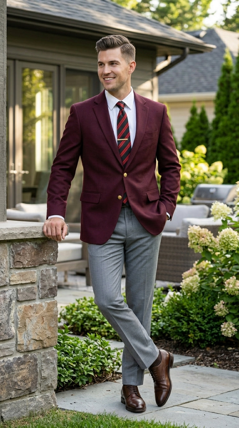 Men’s Burgundy Maroon Wine 2 Button Blazer, Classic Business Casual Wedding Sport Coat Jacket