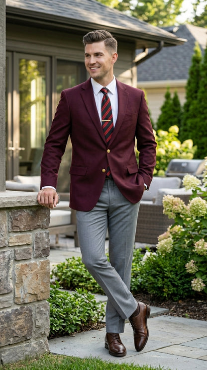 Men’s Burgundy Maroon Wine 2 Button Blazer, Classic Business Casual Wedding Sport Coat Jacket
