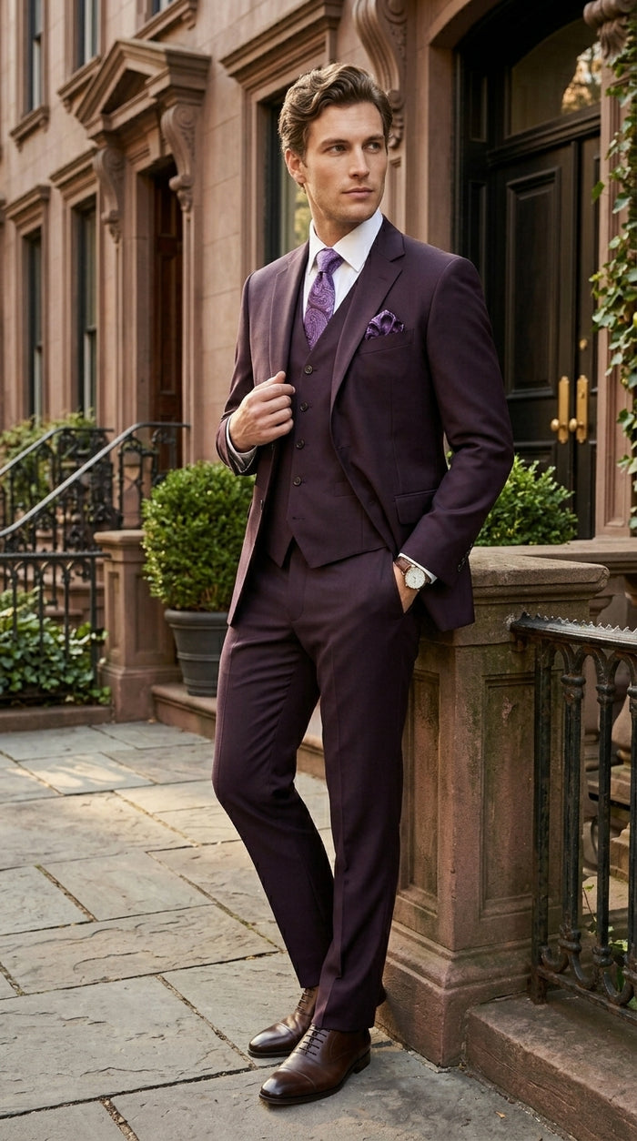Men’s Very Dark Purple Plum Eggplant 3 Piece Suit, Classic Vested 2 Button Wedding Business Suit Set