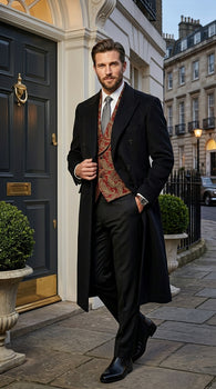 Men’s Black Six Button Fully Lined Overcoat, Long Winter Topcoat for Formal Business Wear