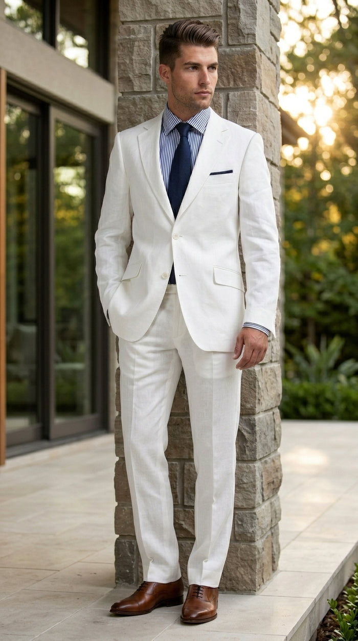 Men’s White Lightweight Linen 2 Button Suit, Formal Wedding Beach Summer Suit Set Modern Fit