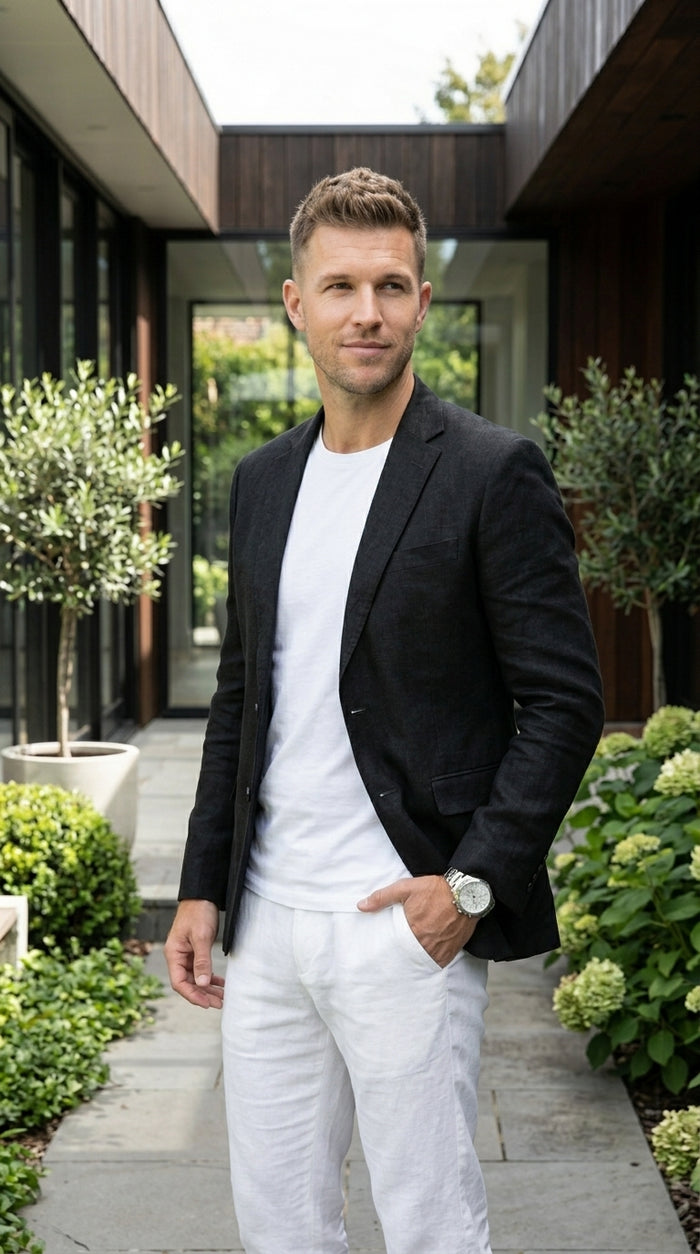 Men’s Black Lightweight Linen Blazer, Summer Business Casual Wedding Sport Coat Jacket