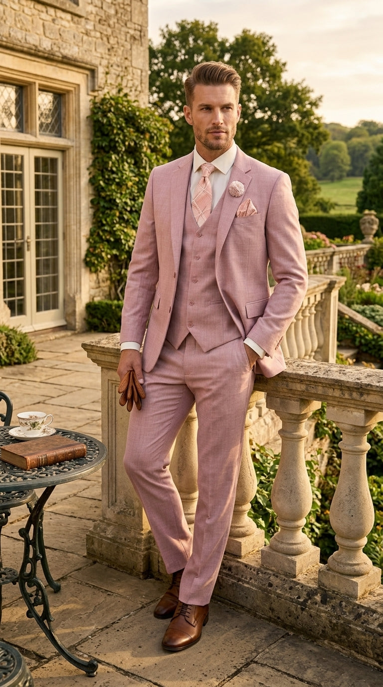 Men’s Mauve Rose Gold Light Pink 3 Piece Wedding Suit, Formal Vested Groom Prom Suit Set