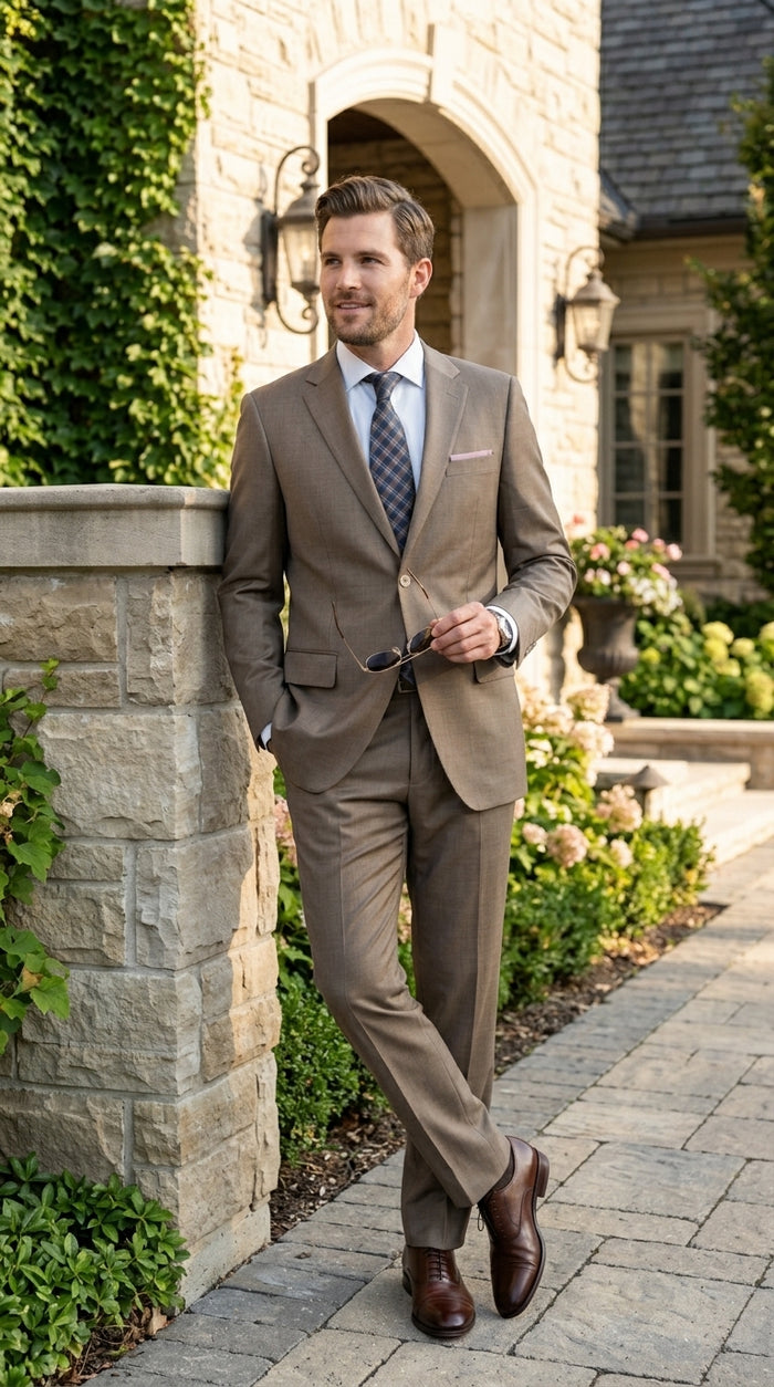 Men’s Taupe 2 Button Suit, Classic Business Wedding Church Formal Dress Suit Set