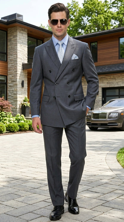 Men’s Charcoal Grey Double Breasted Wool Suit, Designer Formal Wedding Business Dress Suit Set Modern Fit