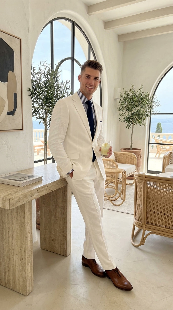 Men’s White Lightweight Linen 2 Button Suit, Formal Wedding Beach Summer Suit Set Modern Fit