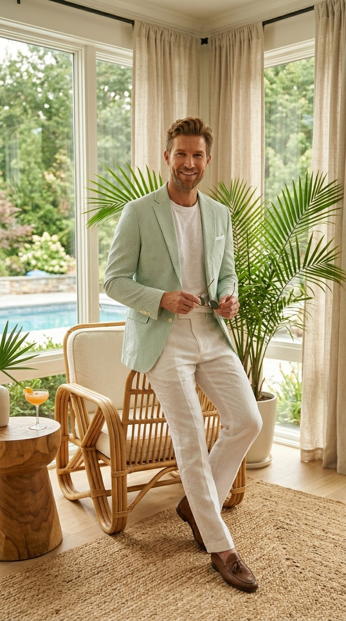Men’s Green Seersucker Blazer, Lightweight Summer Wedding Business Casual Sport Coat Jacket