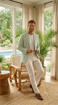 Men’s Green Seersucker Blazer, Lightweight Summer Wedding Business Casual Sport Coat Jacket