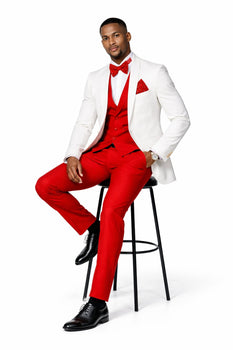 White and Red Tuxedo Wedding Suit - White Dinner Jacket + Vest + Pants + Bow-tie