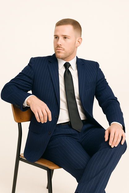 Dark Navy Wide Pinstripe 2 Button Men's Suit - Dark Blue Suit - Image 10