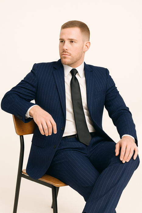 Dark Navy Wide Pinstripe 2 Button Men's Suit - Dark Blue Suit