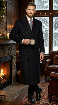 Men’s Black Six Button Fully Lined Overcoat, Long Winter Topcoat for Formal Business Wear