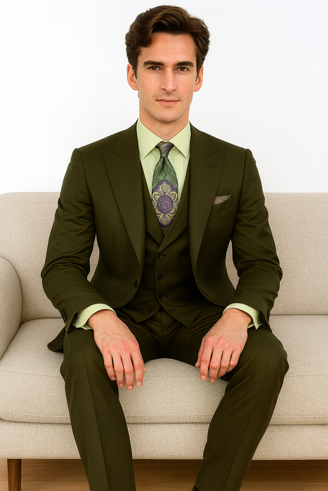 Classic Wool Fabric Fit - Pleated Pants - Peak Lapel With Double Breasted Vest - Athletic Fit Solid Olive Mens Suit