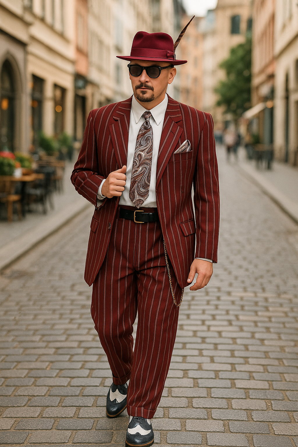 Burgundy Pinstripe Zoot Suit – 3 Piece 1920s/1930s Gangster Outfit (Jacket and Pants and Vest)  Vintage Fashion - Image 2