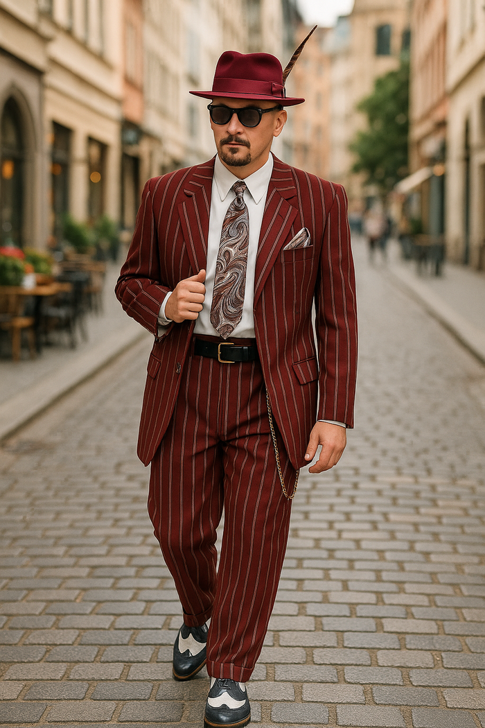 Burgundy Pinstripe Zoot Suit – 3 Piece 1920s/1930s Gangster Outfit (Jacket and Pants and Vest)  Vintage Fashion - Image 2