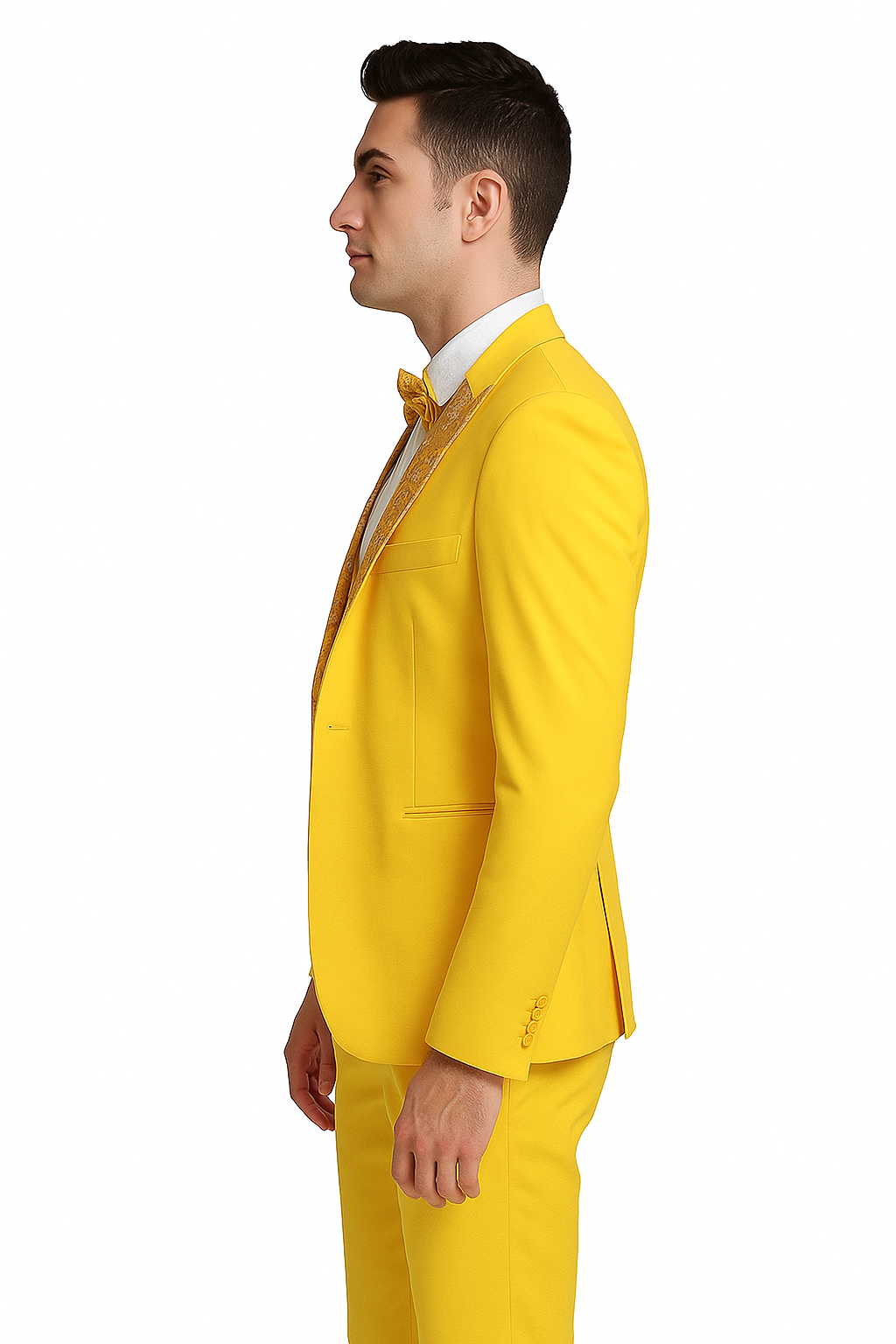 Radiant Golden Bloom Mens 3-Piece Suit with Floral Peak Lapel Modern Fit