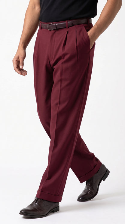 Pacelli Men’s Burgundy Pleated Wide Leg Dress Pants, Wine Maroon Baggy Fit Slacks with Unhemmed Bottoms