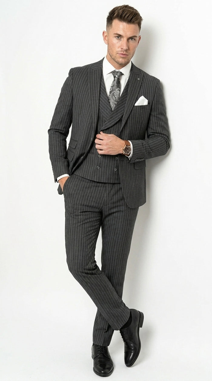Mens Italian Wool Suit Color Black - Men's Designer Wool Pleated Pant Vested Black Gangster Pinstripe Suit