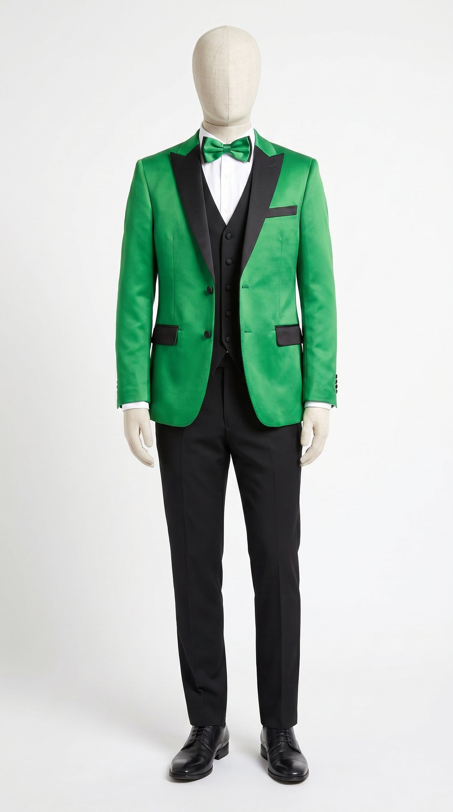Men’s Emerald Green Tuxedo with Black Shawl Lapel, Black Vest and Pants – Formal 3 Piece Prom Wedding Suit