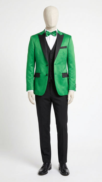 Men’s Emerald Green Tuxedo with Black Shawl Lapel, Black Vest and Pants – Formal 3 Piece Prom Wedding Suit