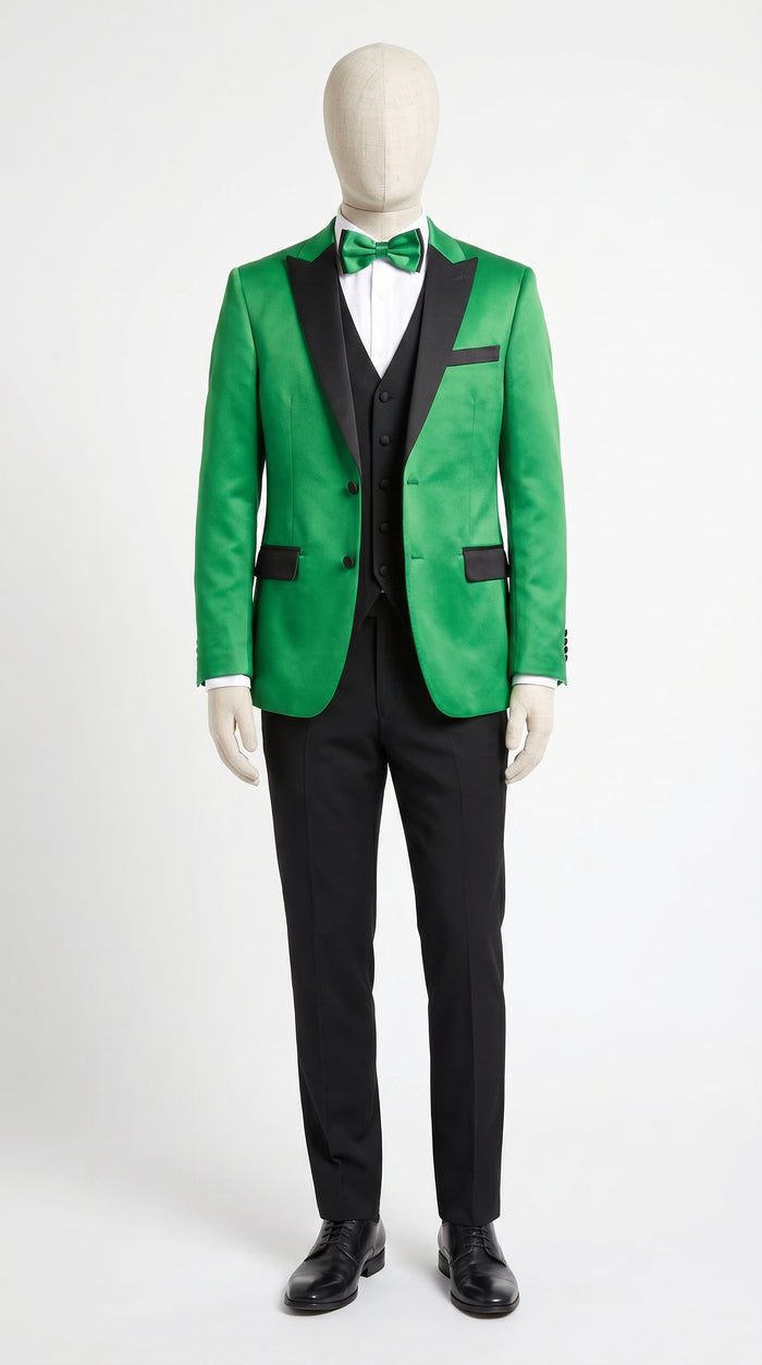 Men’s Emerald Green Tuxedo with Black Shawl Lapel, Black Vest and Pants – Formal 3 Piece Prom Wedding Suit