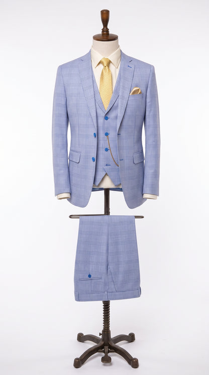 Men’s Sky Blue Glen Plaid 3 Piece Suit SV2W6, Windowpane Checkered Vested Formal Wedding Prom Suit
