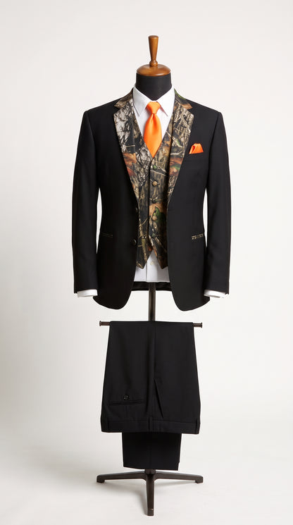 Men’s Black Camo Tuxedo Suit, Slim Fit 2 Button Wedding Prom Suit with Camouflage Vest and Lapels
