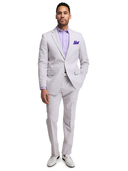 Mens Lavender Seersucker Suit Blazer + Pants Cotton Fabric - Summer Fabric in Purple color - Image 2