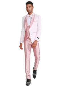 Graduation Suit - Men's One Button Vested Paisley Prom & Wedding Tuxedo with Satin Vest and Pants in Pink