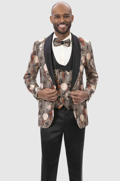 Men's Rust Geometric Pattern Tuxedo with Vest & Bowtie – One Button Formal Suit - Image 5