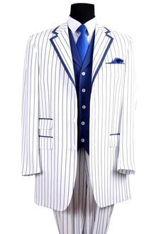 Candy Stripe Suit Mens 3 Button Vested Barbershop Quartet Suin in White with Royal Blue Pinstripes