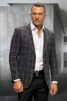 Mens Black Blazer - Men's Modern Fit Wool & Cashmere Patch Pocket Sport Coat Blazer in Black Windowpane Plaid