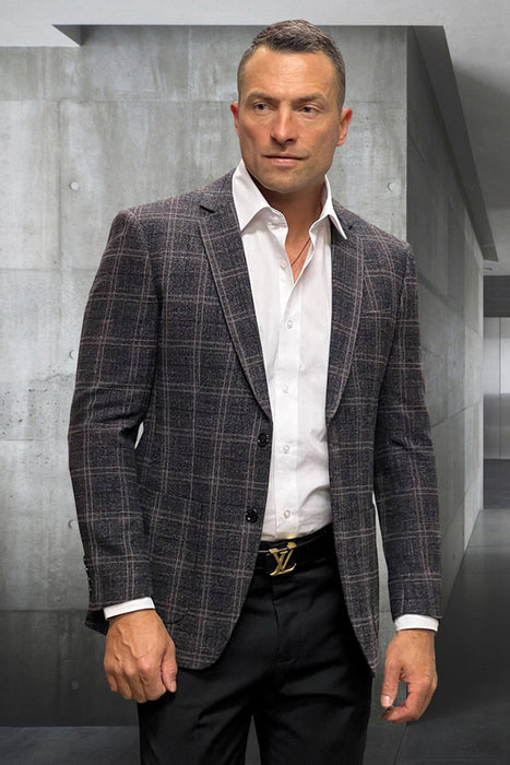 Mens Black Blazer - Men's Modern Fit Wool & Cashmere Patch Pocket Sport Coat Blazer in Black Windowpane Plaid